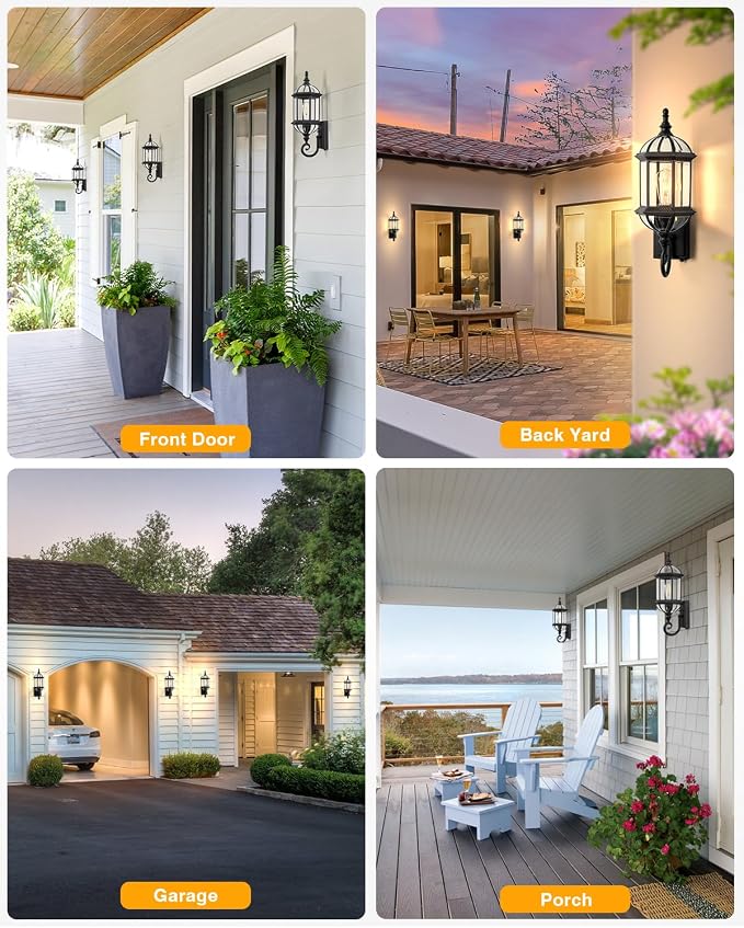 VIANIS 22" Large Porch Lights Outdoor, Black Dusk to Dawn Outdoor Lighting, Anti-Rust Exterior Lighting fixtures with Tempered Beveled Glass, Outdoor Lights for House, Patio, Two Mounting Options