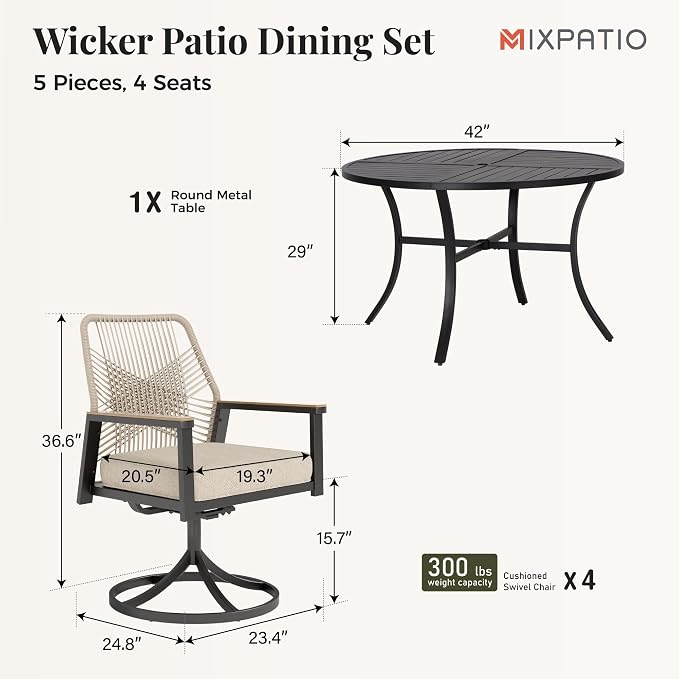MIXPATIO 5 Pieces Outdoor Patio Dining Set, 42" Round Metal Table with Umbrella Hole, 4 x Swivel Rope Rattan Chairs with 3.2" Cushion for Yard, Porch, Beige