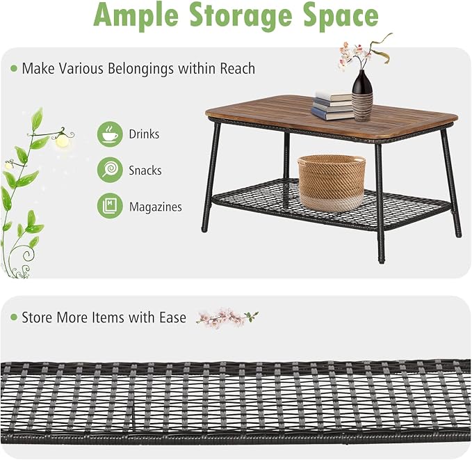 Tangkula 4 Pieces Patio Furniture Set, Outdoor PE Wicker Conversation Set with 2-Tier Coffee Table, Acacia Wood Tabletop & Extra Storage Shelf, Outdoor Furniture Sofa Set w/Cushions (1, Off White)