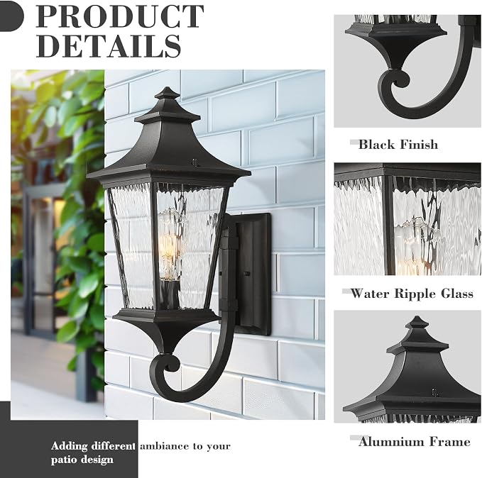 Emliviar 21.1 Inch Farmhouse Outdoor Wall Sconce,1 Light Exterior Wall Lighting in Black Finish Frame, Water Ripple Glass Shade, XE292UB-M SW BK