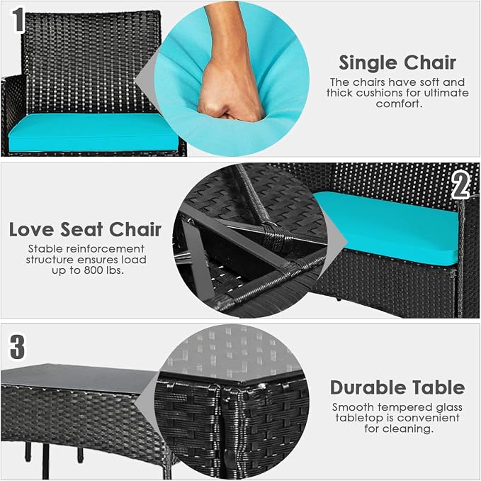 HAPPYGRILL 4 Pieces Patio Furniture Set Rattan Wicker Conversation Set with Tempered Glass Top Table, Outdoor Wicker Sofa Set with Removable Cushions for Poolside Garden Backyard