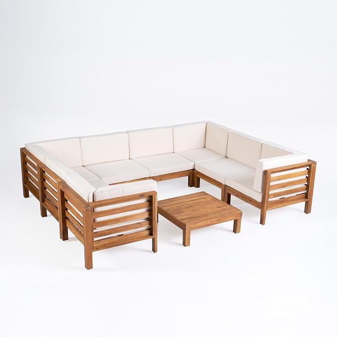 Christopher Knight Home Oana Outdoor U-Shaped Sectional Sofa Set with Coffee Table - 9-Piece 8-Seater - Acacia Wood - Outdoor Cushions - Teak and Beige