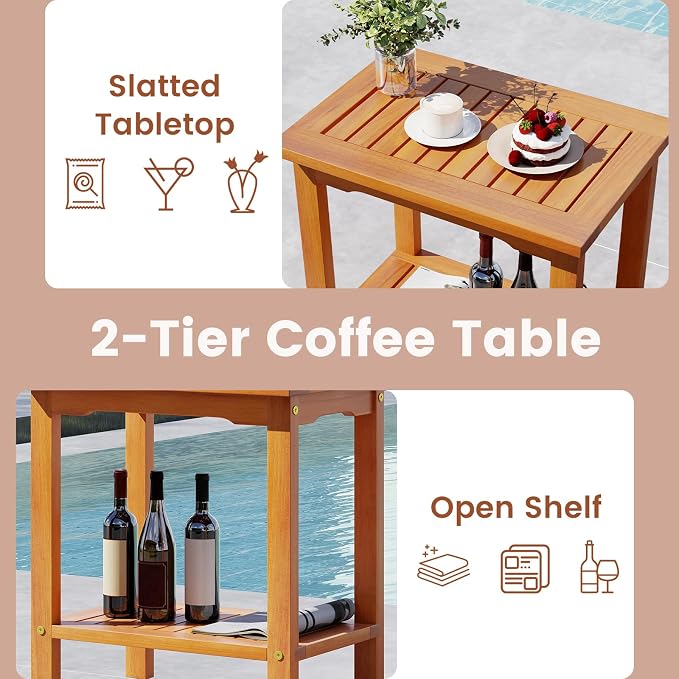 HAPPYGRILL Acacia Wood Patio Side Table, 2-Tier Accent Table with Slatted Tabletop & Storage Shelf, Wooden End Table for Living Room Poolside Balcony Porch (2)