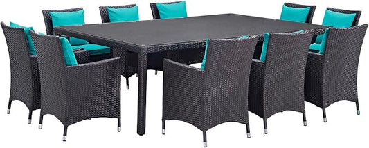 Convene 11 Piece Outdoor Patio Dining Set with Turquoise Cushions and Wicker Armchairs