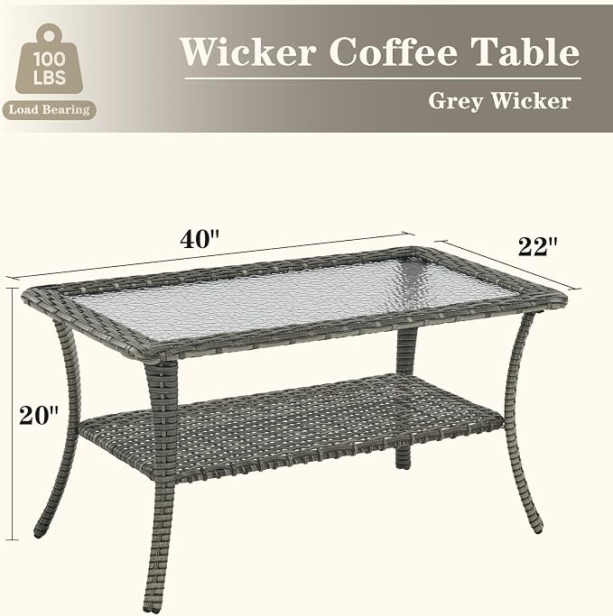 Belord Outdoor Coffee Table for Patio - 40 Inch Rattan Patio Coffee Table with 2-Layer Storage, Rectangular Tempered Glass Outdoor Wicker Table for Porch Balcony Deck Grey