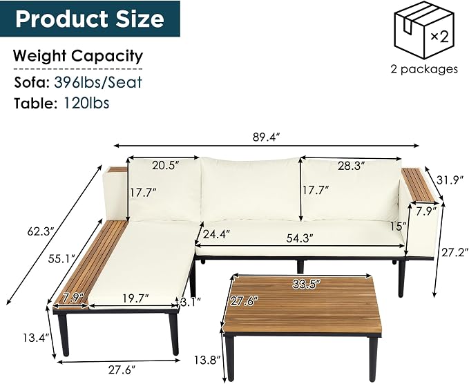 JIVOIT Acacia Wood Patio Furniture Set, Luxury Outdoor Conversation Sectional Sofa with Removable Cushions and Coffee Table, Side Table, L-Shaped Sofa Set for Backyard, Porch (Beige/17)
