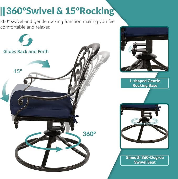 MEETWARM 9-Piece Outdoor Patio Dining Set for 8, All Weather Cast Aluminum Patio Funiture Table and Chairs Set- 94.5” Rectangular Table and 8 Cushioned Swivel Rocker Chairs, Umbrella Hole, Navy Blue