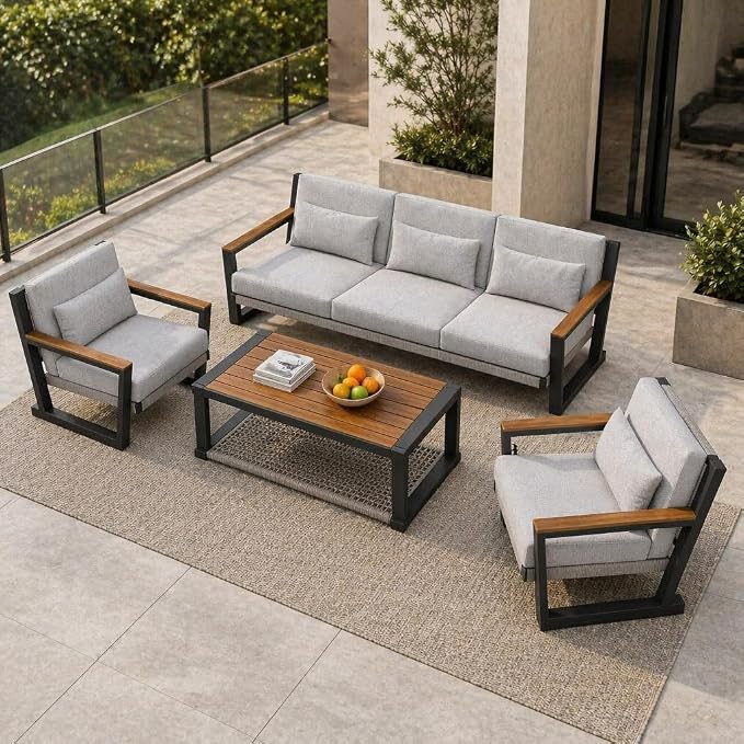 Aluminum Patio Furniture Set 5 Seats, Oversized Outdoor Sectional with Washable Thick Cushions, Coffee Table and Waterproof Cover, Patio Conversation Sets for Porch, Balcony, Deck Yellow