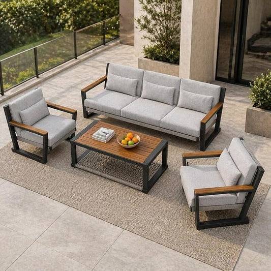 Aluminum Patio Furniture Set 5 Seats, Oversized Outdoor Sectional with Washable Thick Cushions, Coffee Table and Waterproof Cover, Patio Conversation Sets for Porch, Balcony, Deck Yellow