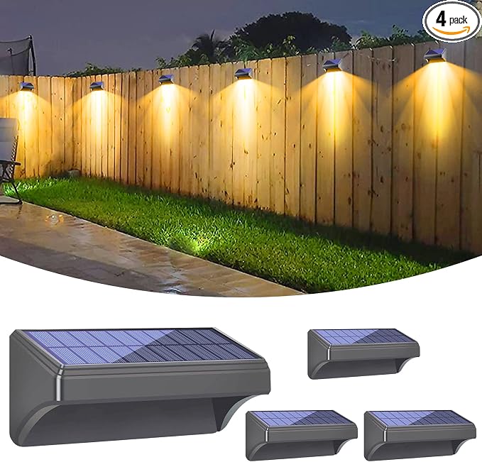 Bridika Solar Fence Lights, Fence Lights Fence Solar Lights Outdoor Waterproof Warm White & Color Glow LED Solar Lights for Backyard, Patio, Deck Railing, Stair Handrail and Wall (4 Packs, Plus Size)