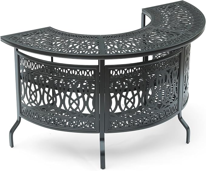 MEETWARM Large 3-Tier Half Moon Outdoor Bar Table, All-Weather Cast Aluminum 75" Patio Party Bar Table with Storage Shelves, 220 LBS Heavy Duty Patio Counter Table High Top Dining Table Home Bar Unit