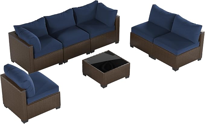Patio Furniture Set, 7-Piece Outdoor Sectional Couch with Coffee Table & Thick Cushions, Outdoor Wicker Conversation Set for Backyard, Poolside, Garden (Brown-Navy, 7 Piece-Single)