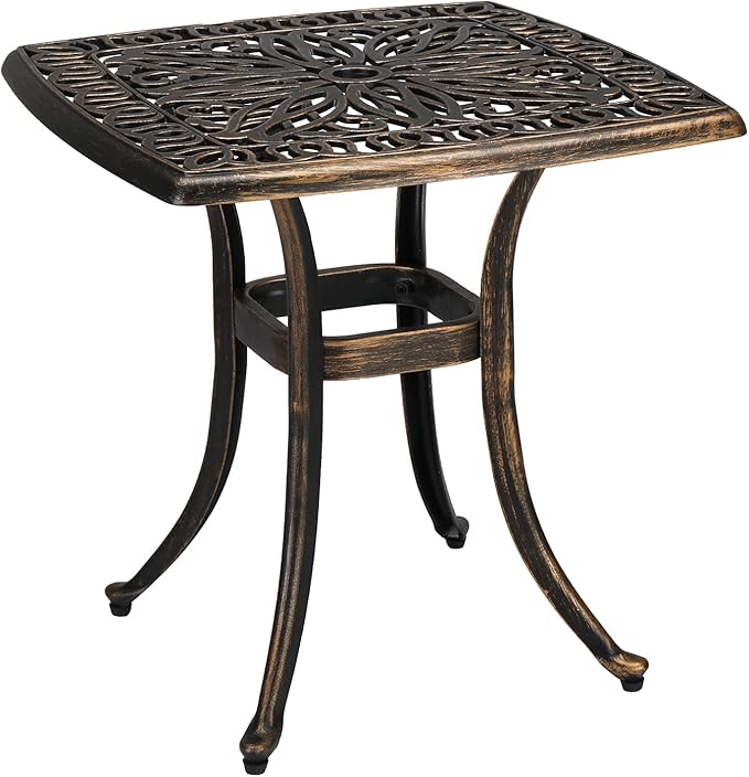 Bonnlo 21 Inch Cast Aluminum Outdoor Side Table with Umbrella Hole, Anti-Rust Coffee Bistro Table for Outdoor, Patio, Garden, Porch, Balcony End Table (Square, Bronze)