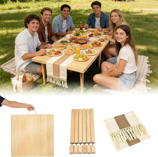 Folding Picnic Table with Table Runner, 60" x 30" Large Wooden Japanese Floor Table, Portable Boho Low Picnic Table, Adjustable Heights Legs, for Indoor Outdoor Camping, for 6-8 People