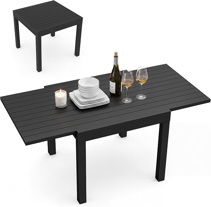 Expandable Patio Dining Table for 4-6 Person, Aluminum Extendable Outdoor Table, 32"-65" Adjustable Patio Table, Square/Rectangular Outdoor Accent Table for Garden, Backyard, Poolside, Black