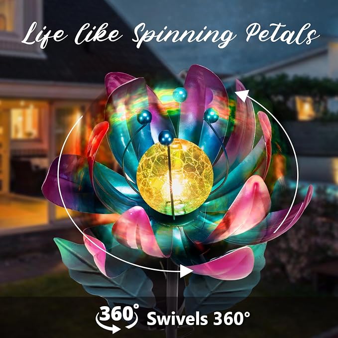 AIINY Solar Purple Metal Flower Wind Spinners, Colorful Spinning Windmill Lotus Yard Art Lights Wind Pinwheels with LED Crystal Ball Decorative Stake Lighting Flower Sculpture