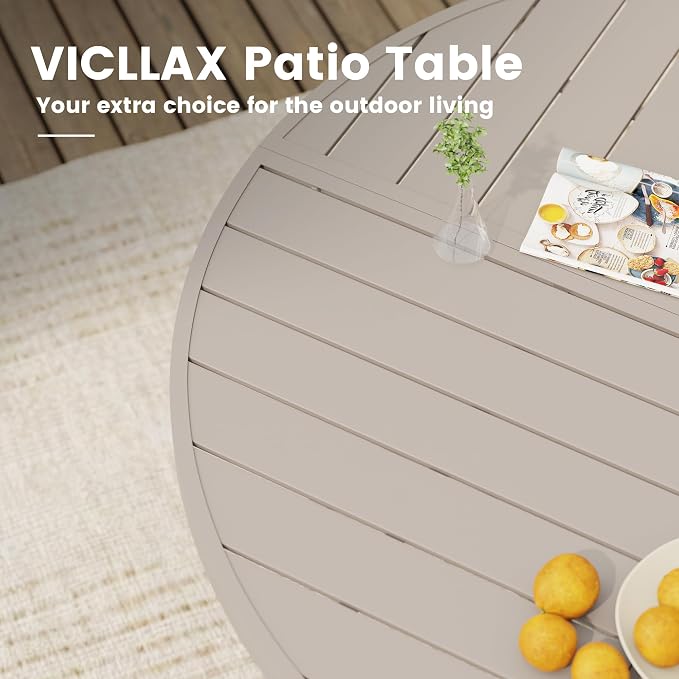 VICLLAX 53" Round Outdoor Table, Patio Dining Table for 8 with Umbrella Hole for Garden Lawn Deck Backyard, Sandshell