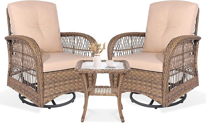 VIVIJASON 3-Piece Outdoor Conversation Bistro Set, Patio Swivel Glider Rocking Chairs Rattan Furniture Sets w/ 2 Rattan Chairs, Cushions, Glass Top Side Table for Porch Backyard, Light Brown