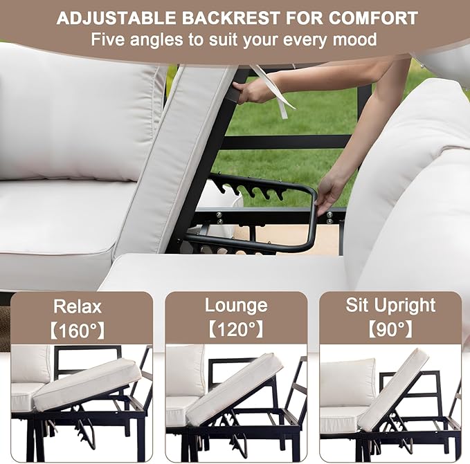 JOYURE 4-Piece Patio Furniture Set,Metal Outdoor Sectional Sofa with 3 Fauxwood Tables &Adjustable Reclining Chair,Patio Modular L Shape Sofa with Thickened Cushions for Backyard,Deck,Balcony,Beige