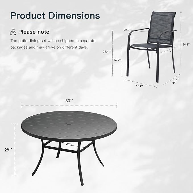 VICLLAX 9 Pieces Patio Outdoor Dining Set, 53" Round Metal Table with Umbrella Hole and 8 Stackable Textilene Chairs for Patio, Lawn, Garden, Porch, Black/Grey