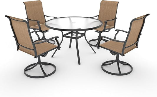 Anmutig 5 Piece Outdoor Patio Dining Set with 4 Swivel Dining Chairs & 1 Round Glass Dining Table, All Weather Dining Furniture Set for Lawn Garden Brown