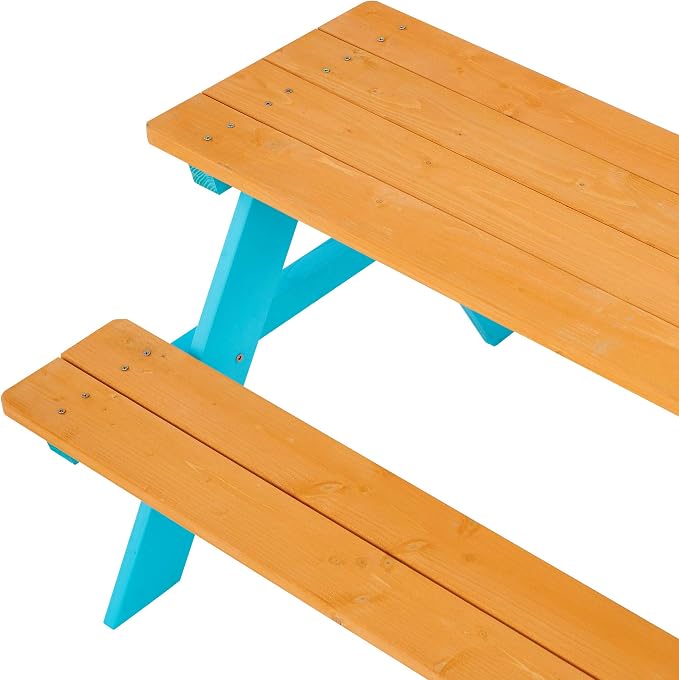 Teamson Kids - Wooden Outdoor Child Children Kids Picnic Table & Chair Bench Set - Brown/Aqua | Weather-Resistant Pine Wood, Seats 4 Children, Ideal for Backyard, Patio, Garden