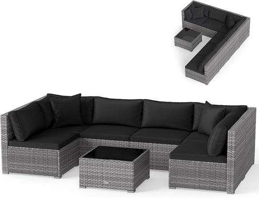 DORTALA 7 Pieces PE Rattan Patio Furniture Set, All-Weather Wicker Conversation Set W/Soft Cushions & Pillows, Coffee Table, Outdoor Sectional Sofa Set for Balcony, Poolside, Backyard, Black