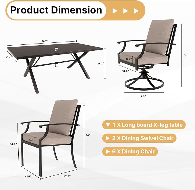Gotland 9 Piece Outdoor Dining Set, Metal Outdoor Table and Swivel Chairs with X-Shaped Legs 1.5" Umbrella Hole, Patio Furniture Set with Waterproof Cushions, Patio Dining Sets for Backyard Deck Khaki