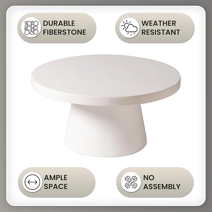 LeisureMod Minimalist White Side Table with Pedestal Base – Round Fiberstone Accent Table for Living Room, Outdoor, or Patio Use, Dune Series (White)