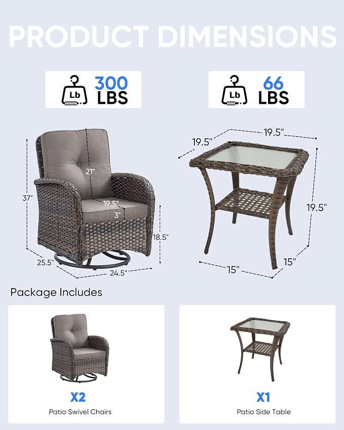 3 Pieces Patio Bistro Set Outdoor Swivel Rocker Patio Chairs with Side Table Patio Furniture for Deck Porch Garden Balcony Poolside