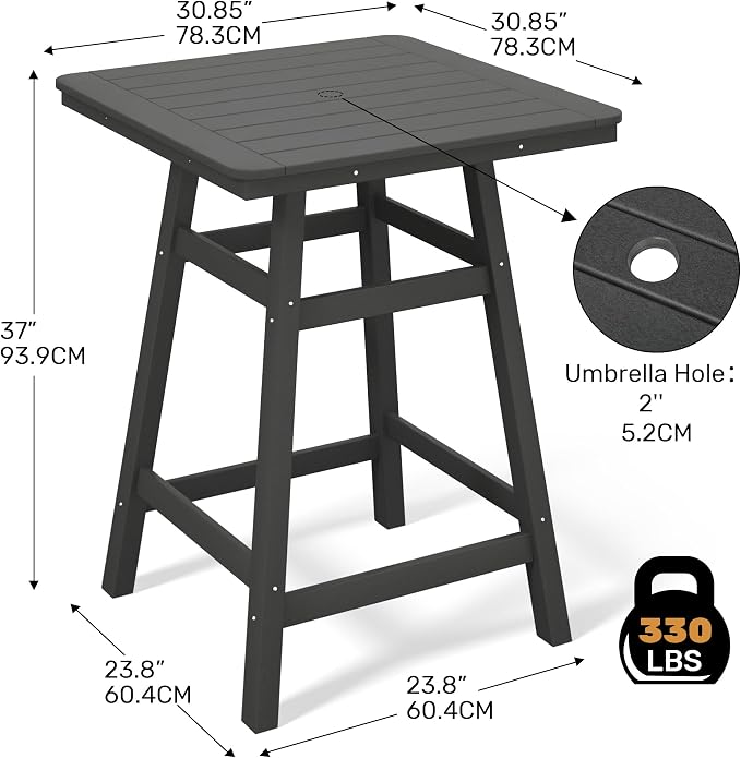 Costaelm Outdoor Bar Table, 37" Counter Height Square Patio Cocktail Bar Table with Umbrella Hole, Patio Bistro Dining Pub Table for Front Porch Deck Backyard Garden, Gray