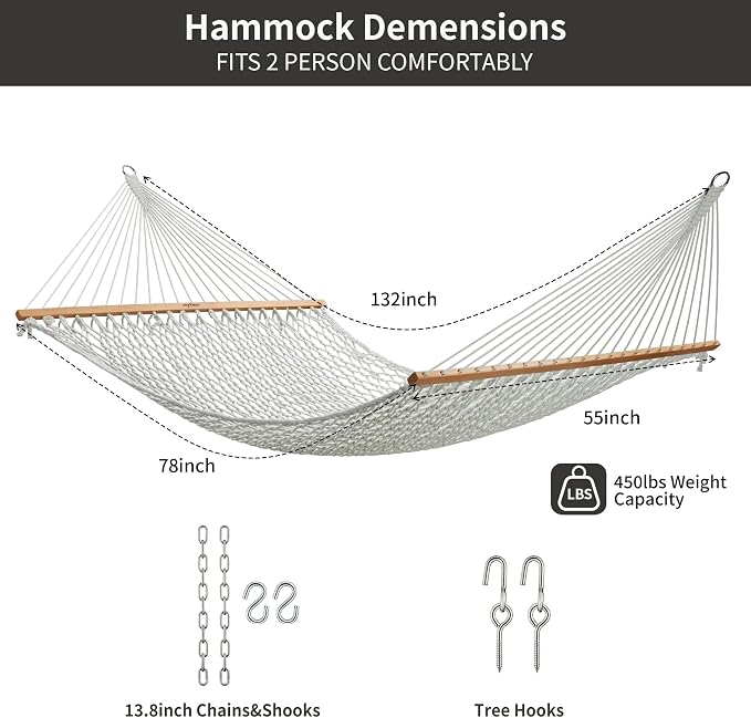 JoyView Traditional Rope Double Hammock - Hand Woven Polyester Hammock with Hardwood Spreader Bar 450lb Capacity for Outdoor Indoor Patio Yard - White