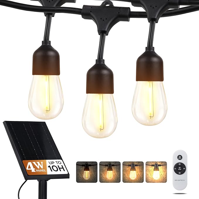 Brightech Ambience Pro Super Bright Solar - 27Ft Remote Control Outdoor String Lights, Shatterproof S14 Edison Bulbs, Commercial Grade LED, Waterproof Patio Lights for Deck, 4W Soft White, 12 Bulbs