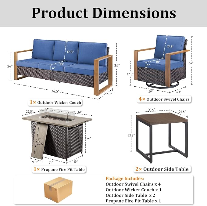 Patio Furniture Set with Fire Pit Table, 8-Piece Outdoor Wicker Sofa and 4 Swivel Chairs, All-Weather Conversation Set for Backyard, Deck and Poolside Blue