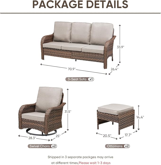 Patio Furniture Set - 5 Pieces All Weather Wicker Outdoor Couch Sofa 2 Swivel Chairs and 2 Ottomans, Ergonomic Design for Porch, Deck, Balcony, Garden, and Backyard(Beige)