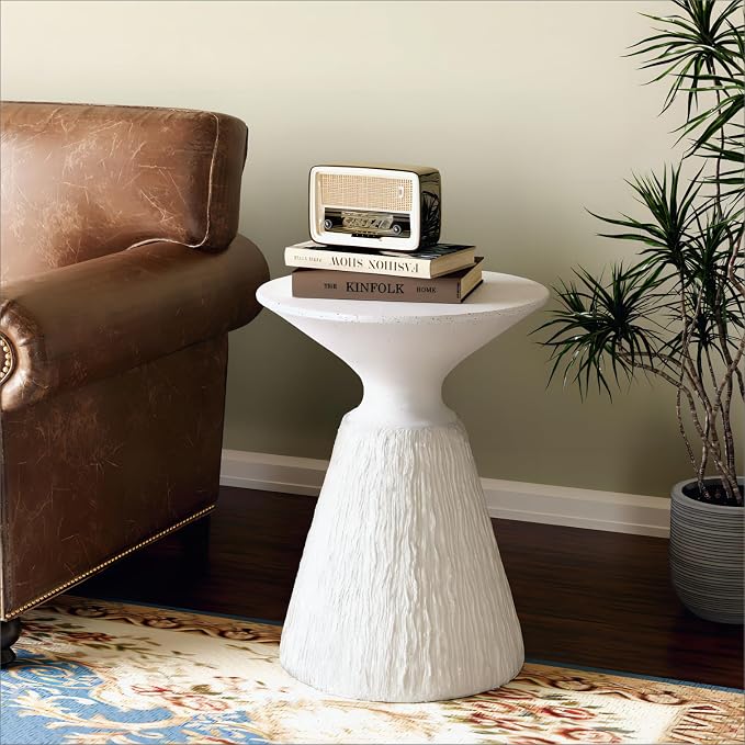 SUNBURY Outdoor Side Table, Round Concrete Side Table, Mushroom End Table for Plant Stand, Modern Accent Table, Marble Garden Stool for Patio, Poolside, Spotted White