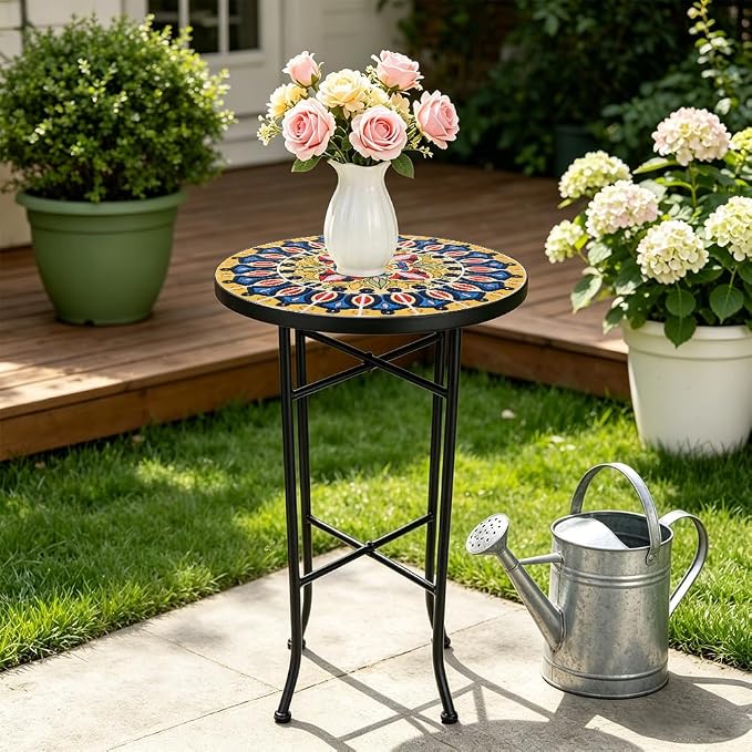 14 Inch Mosaic Patio Side Table with X-Straight Legs, Indoor Outdoor Accent Round End Table with Ceramic Tile Tops for Yard, Garden, Living Room, Bistro, A - Grand Mandala