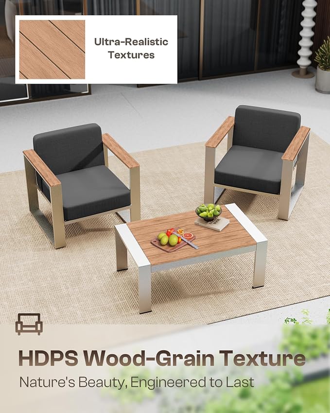 Outdoor Patio Furniture Set, 7 Seats Outdoor Patio Conversation Sets with Ergonomic Seat and Wide Washable Thick Cushions, Modern Patio Sectional Furniture for Balcony, Porch (Teak-Charocal)
