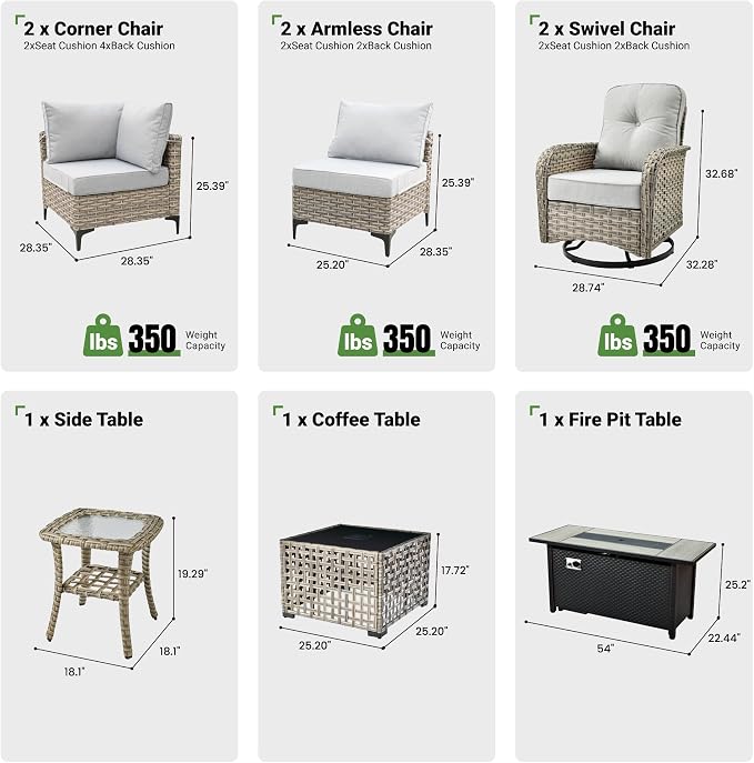 9 Pcs Patio Furniture with Fire Pit Table, Outdoor Rattan Wicker Conversation Set with Glowing Coffee Table, Comfy Sectional Sofa for Porch Balcony Backyard Pool, Light Grey