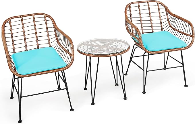 DORTALA 3 Piece Patio Bistro Set, Outdoor Wicker Furniture with Round Tempered Glass Top Table & 2 Rattan Armchairs, Cushions, Conversation Set for Porch, Backyard, Garden, Turquoise