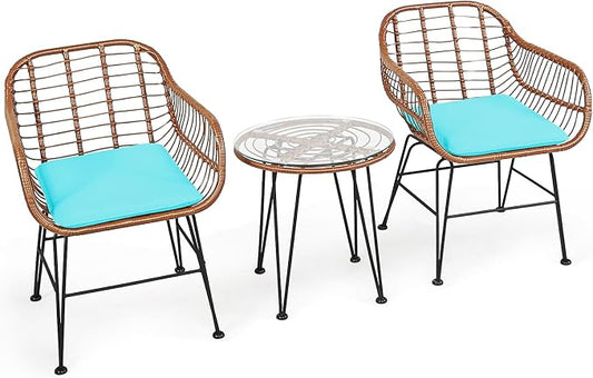 DORTALA 3 Piece Patio Bistro Set, Outdoor Wicker Furniture with Round Tempered Glass Top Table & 2 Rattan Armchairs, Cushions, Conversation Set for Porch, Backyard, Garden, Turquoise