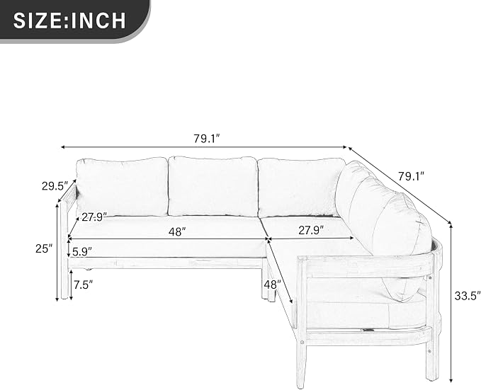 Outdoor Patio Conversation Furniture Set, Acacia Solid Wood Patio Furniture Set with 6 Soft Seat Cushions and Backpack, L-Shaped Outdoor Corner Sofa with Arc Frame for Backyard, Garden (White/16)
