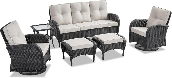 Belord 6 Pieces Wicker Patio Furniture Set - Swivel Rocker Outdoor Chairs with Outdoor Couch and Side Table, All-Weather Patio Conversation Set for Sunroom Deck Backyard Black