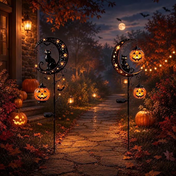 Solar Halloween Black Cat & Pumpkin Moon Garden Stake Light, Outdoor Waterproof LED Yard Decoration with Crescent Moon, Hanging Jack-o'-Lantern Lantern for Garden, Patio, Walkway, Porch (Style B C)