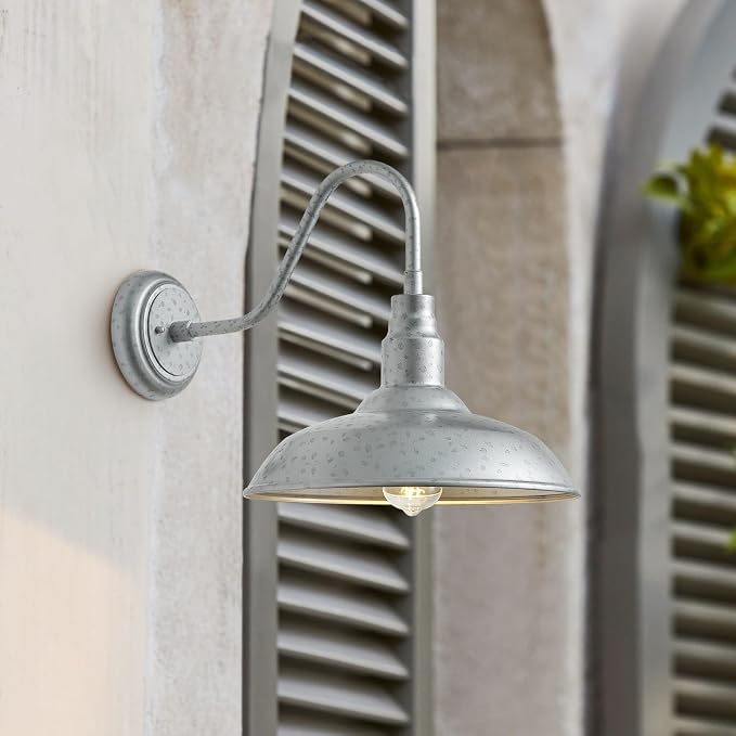 10in Dome Outdoor Gooseneck Barn Light, 2 Pack Silver Exterior Porch Gooseneck Wall Mount Lighting Fixture, Farmhouse Style Outside Barn Wall Sconce for House, Garage, Waterproof