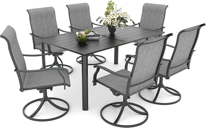Anmutig 7 Pieces Outdoor Table and Chairs Set,Patio Dining Set with 6 Textilene Swivel Chairs, Outdoor Dining Set for Garden Backyard Poolside Deck,Charcoal Grey