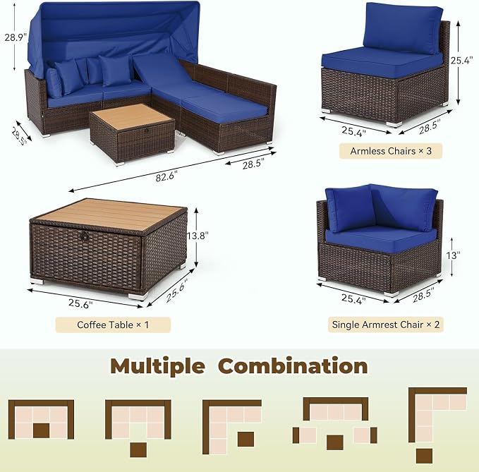 6-Piece Outdoor Sectional Sofa Set with Retractable Canopy and Adjustable Backrest, Patio Conversation Set Rattan Garden Lounge Furniture for Backyard, Deck, Porch, or Balcony Seating(Beige)