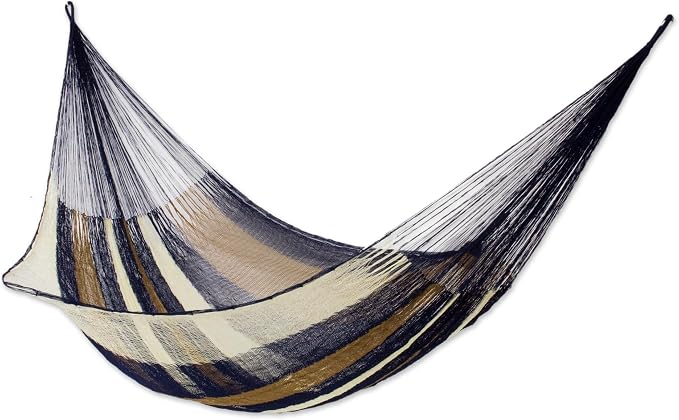 NOVICA Earthtone Brown Striped Nylon Hand Woven Mayan Rope 2 Person XL Hammock, 'Atlantis' (Double)