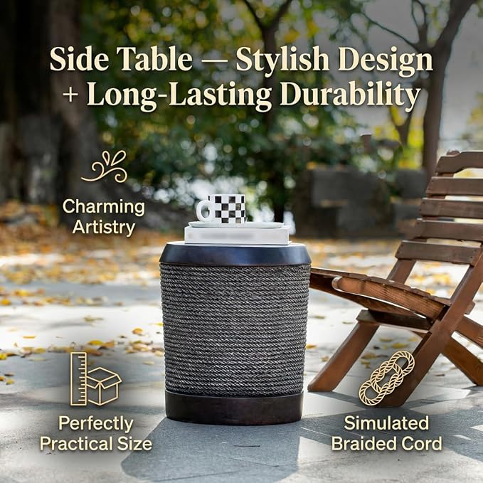 Round Outdoor Side Table MGO Concrete End Table with Simulated Braided Rope Texture, Fully Assembled Cylindrical Accent Side Tables for Patio, Balcony, Living Room, Garden,Vintage Dark Brown