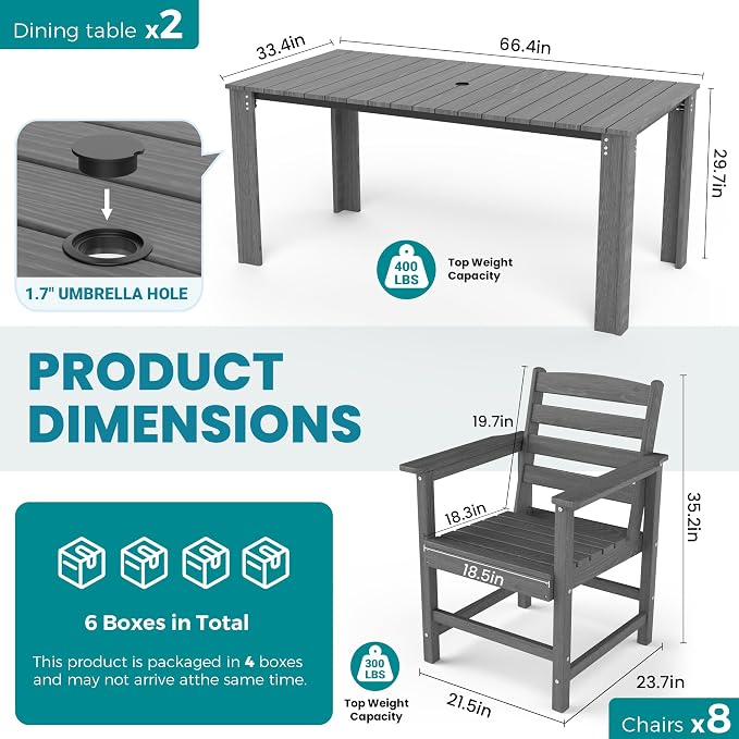 Dining Table Set, 10-Piece HDPE Outdoor Dining Set for 8, Gray | 2 Tables & 8 Chairs, 1.7" Umbrella Hole, 300 lb/Chair, Waterproof Wood-Grain Surface, 6-Box Delivery
